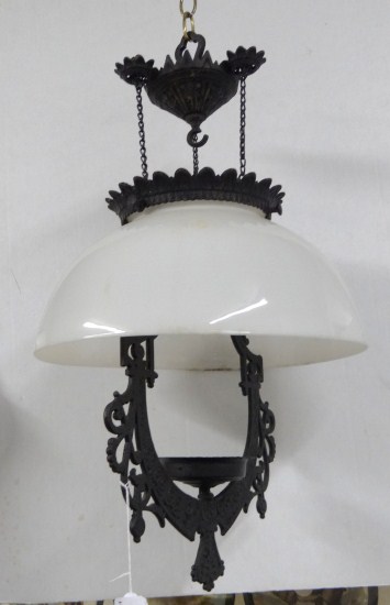 Victorian hanging lamp with shade.