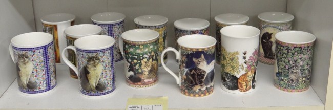 Lot (13) various contemporary cat cups.