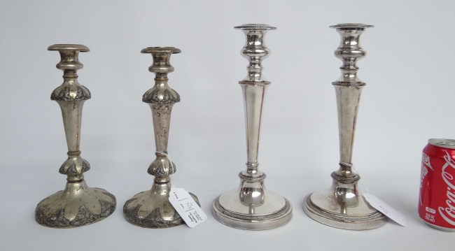 Lot two pairs silverplate candlesticks.