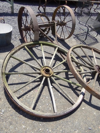 Lot including wagon part and two wheels.