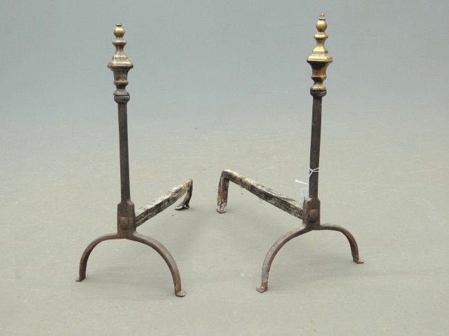 Pair 18th c. brass and iron andirons.
