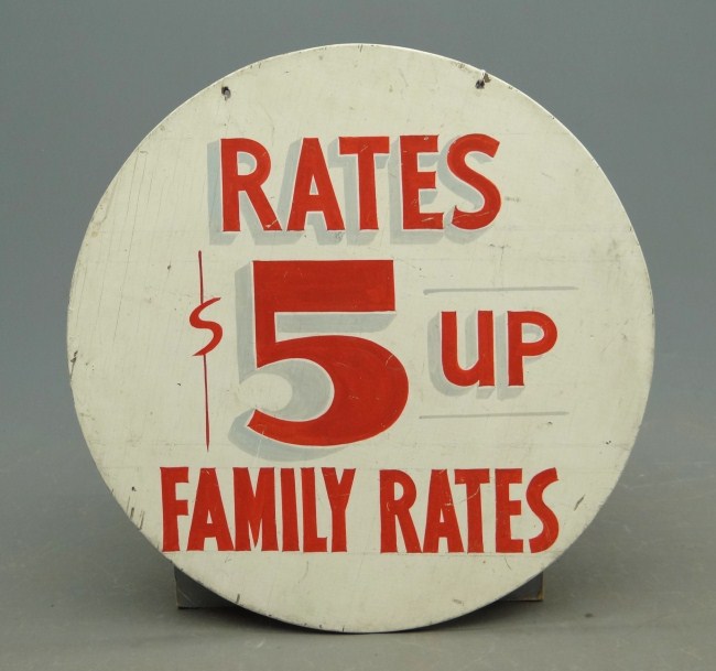 Painted wooden trade sign Rates $5