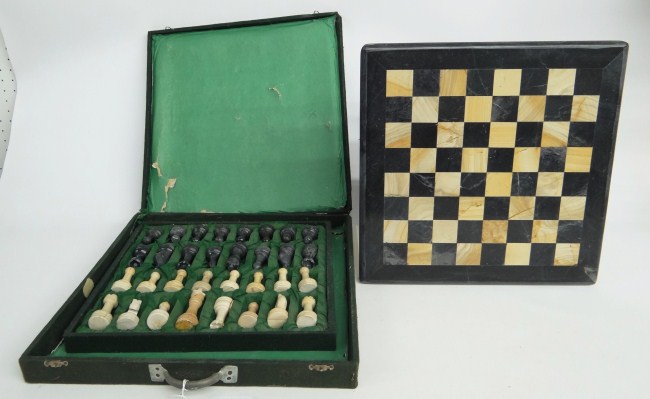 Vintage boxed slate chess set.