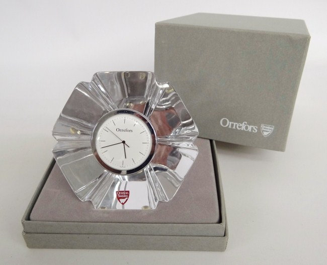 Orrefors crystal clock in orig. box.