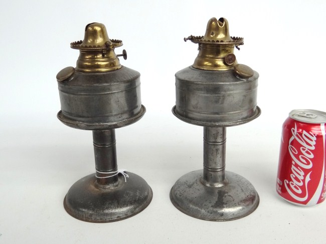Pair 19th c. tin oil lamps. 10''