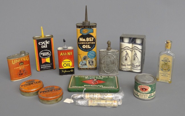 Repair shop tins bottles and collectibles