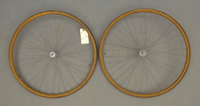 Pair wooden racing wheels marked