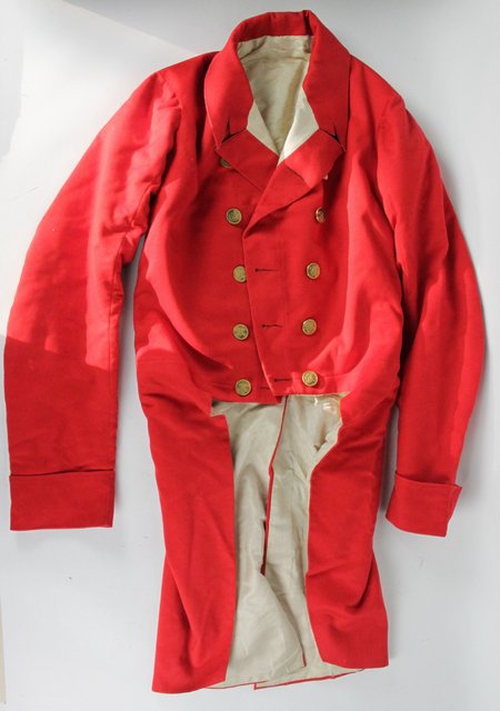 A red hunting jacket bearing a set of