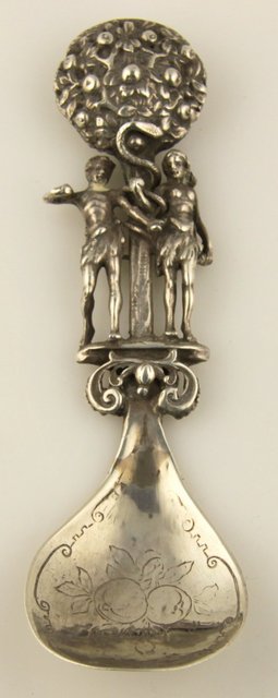 An Adam and Eve silver caddy spoon 1648bf