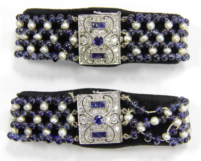 A pair of sapphire and pearl bracelets
