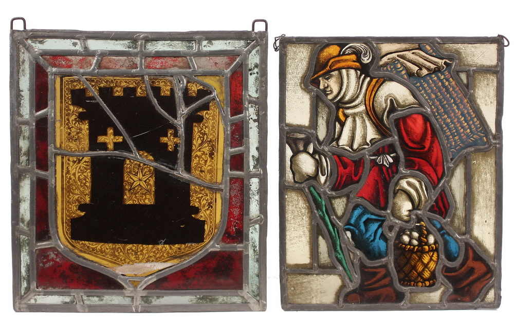  2 EARLY STAINED GLASS PANELS 1651f1