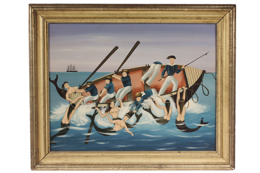 OIL ON MASO Whalemen vs Mermaids  16533f