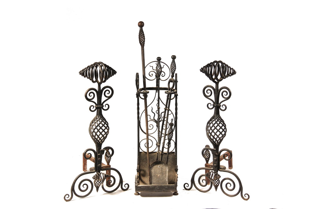 (7 PC) HAND WROUGHT IRON FIREPLACE SET