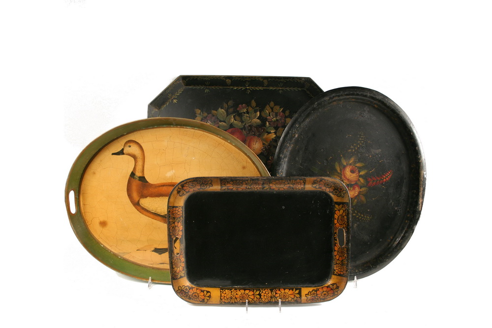  4 EARLY TOLE PAINTED TRAYS  1653eb