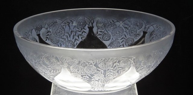 A Lalique blue tinted glass bowl