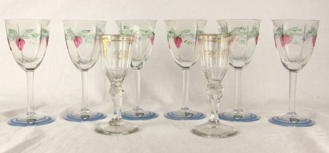 A set of six Orrefors wine glasses painted