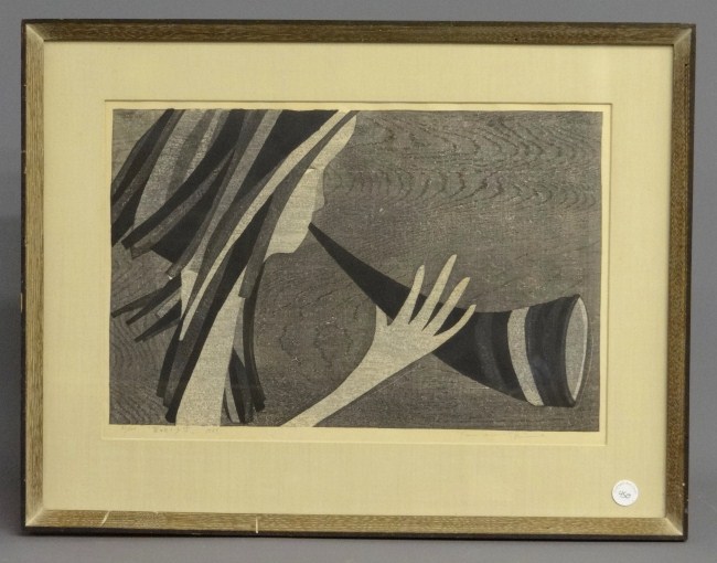 Print woman blowing horn signed