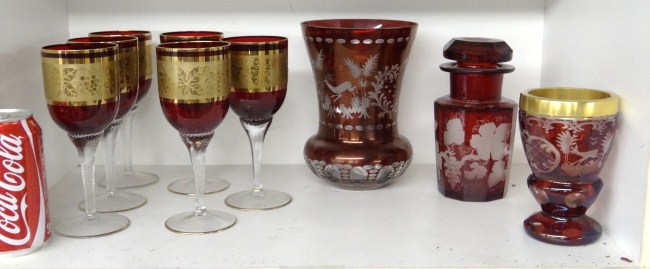 Cranberry glass lot including set