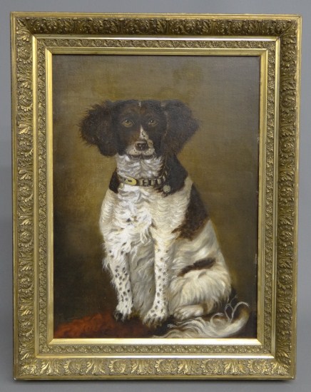 19th c. oil on artist board of a dog.