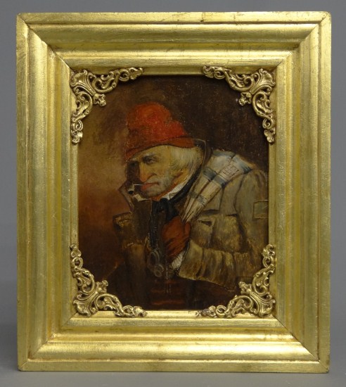 19th c. oil on panel of a trapper signed