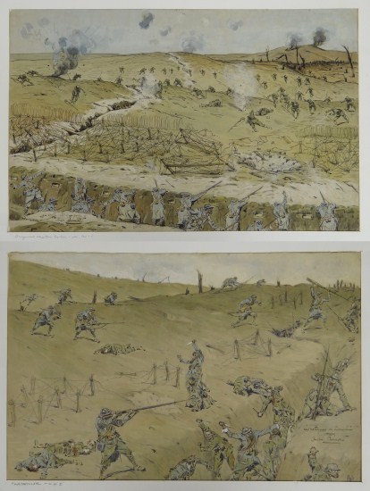 Lot 2 unframed French WWI watercolors.