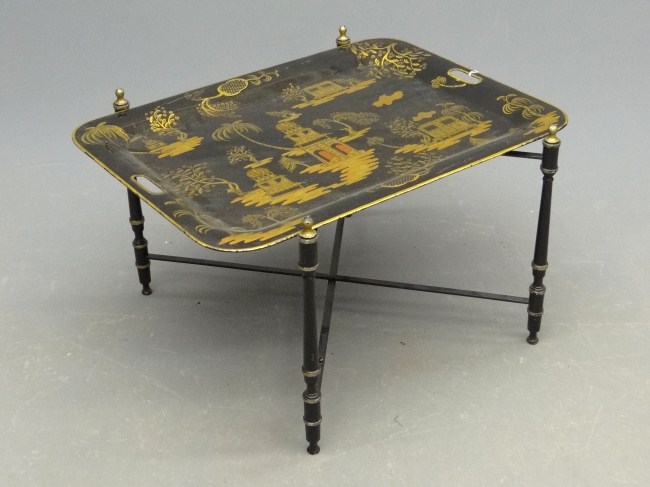 20th c. decorated tole tray on stand.