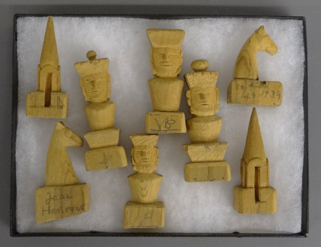 Set of 8 folk art carved wooden chess