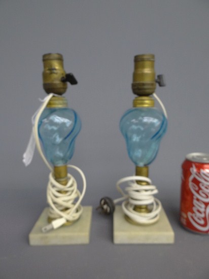 Pair early blue glass whale oil