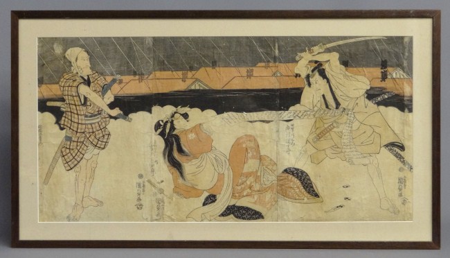 Early 3 panel Japanese woodblock print.
