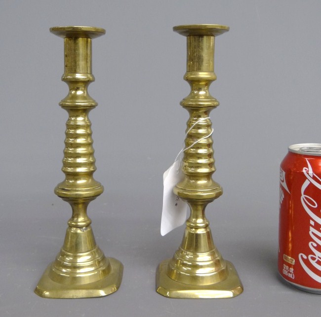 Pair 19th c. brass beehive candlesticks.