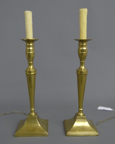 Pair early brass candlesticks (electrified).