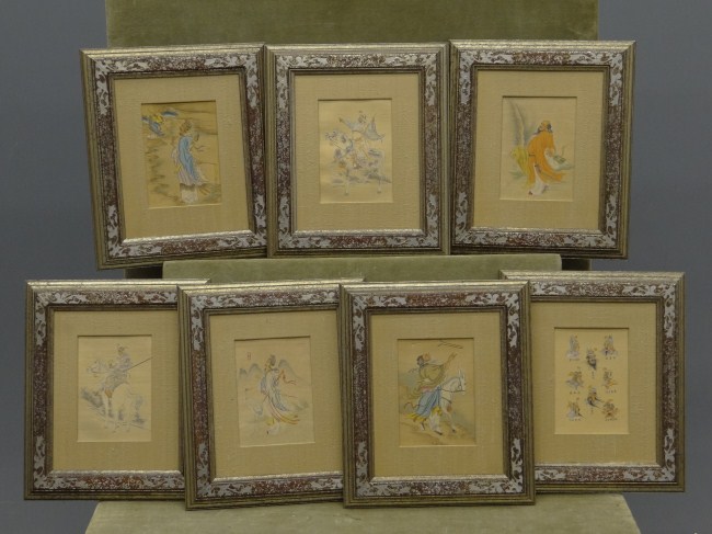 Set of 7 Asian watercolors on fabric  16804b