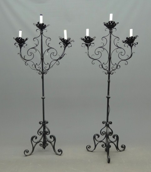 Pair wrought iron floor torcheres.