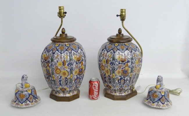 Pair French pottery faience lamps.