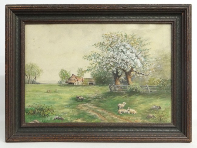 Watercolor sheep in meadow signed 16815b