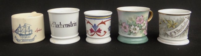 Lot 5 various painted shaving mugs