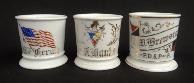 Lot three painted shaving mugs 168189