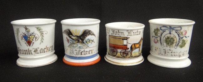 Lot four painted shaving mugs including