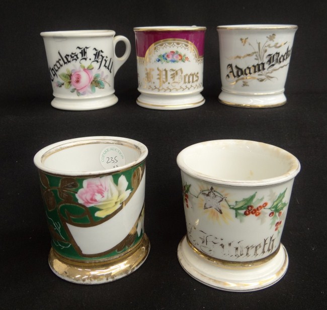 Lot five painted shaving mugs with 168190