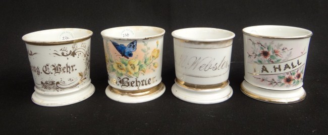 Lot four painted shaving mugs with 168193