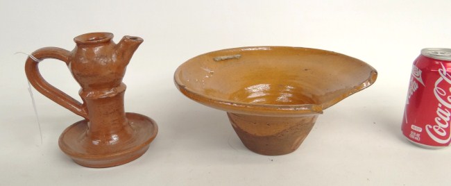 Redware lot including shaving bowl