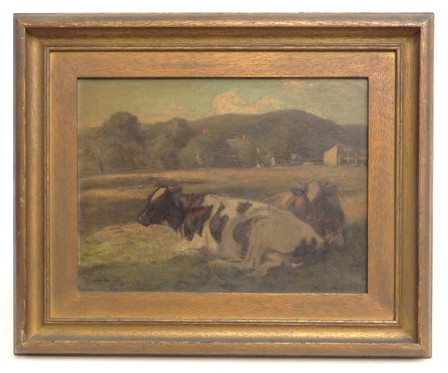 19th c oil on masonite cows signed 1681ee