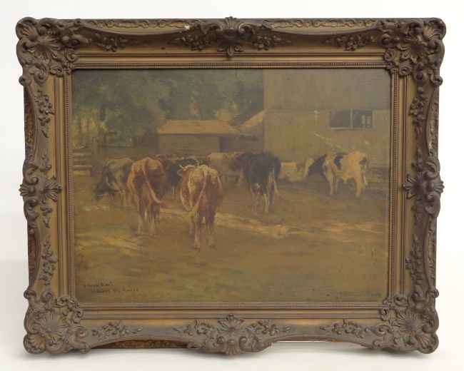 19th c oil on panel cows signed 1681ed