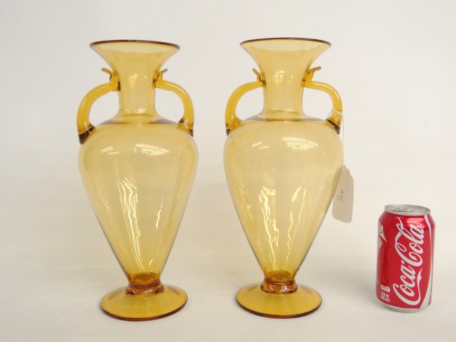 Pair blown glass amber 13 vases  16823a