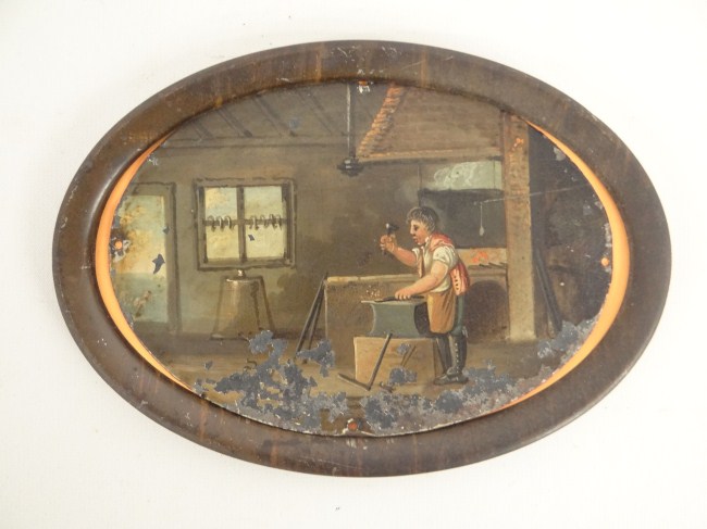 18th c. oval painting on tin of a blacksmith.