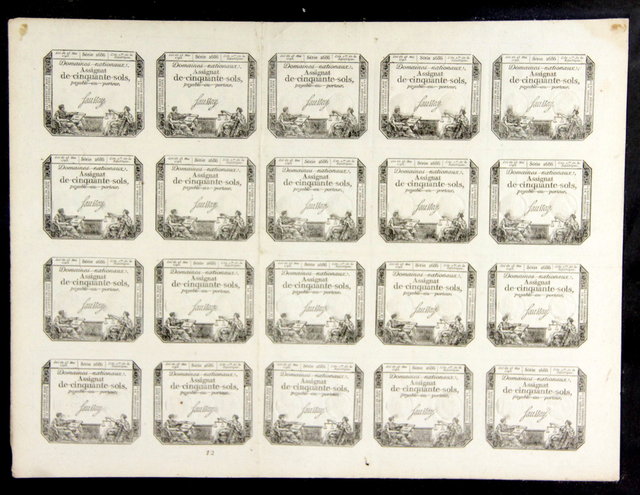 Twenty uncut French bank notes 1795