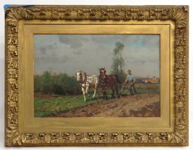 Painting oil on canvas farmer plowing 168692