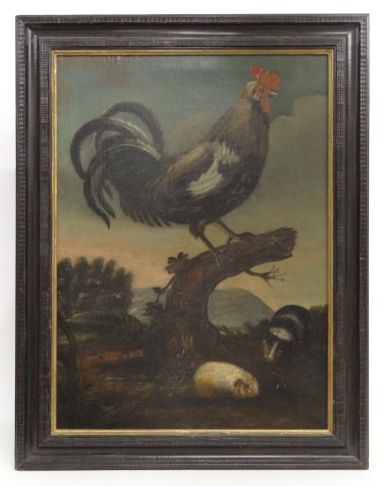Early oil on canvas rooster and guinea