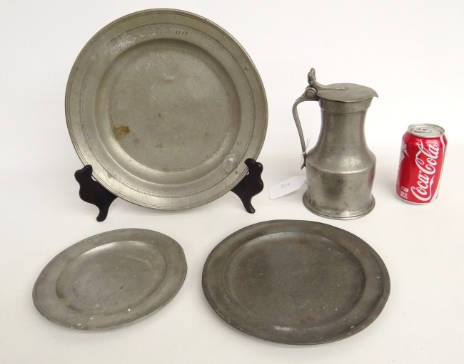 Lot four pcs. 19th c. pewter including