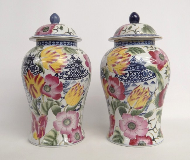 Pair Asian covered vases. 18 Ht.